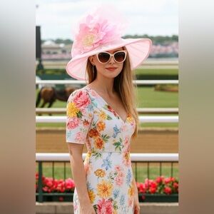 Kentucky Derby Hat Pink Organza Wide Brim Floral
